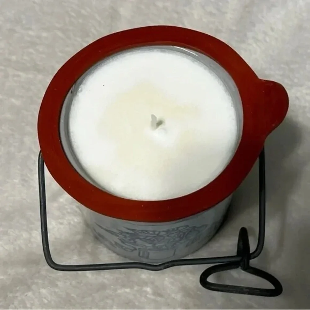 Handmade Lilac Woodbine Candle 11oz Vintage White Glass Wire Bale Crock Jar D73